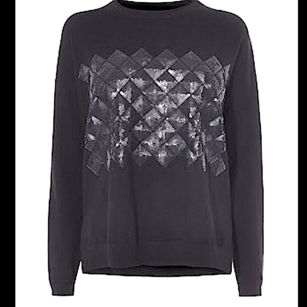 Karen Millen Black Soft-Knit Lightweight Crewneck Geometric Sequin Sweater M EUC